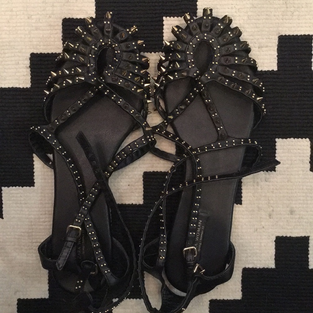 Zara woman gold studded black sandals 38 EUC
